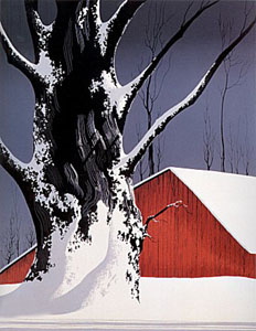 Red Barn and Tree Snow by Eyvind Earle