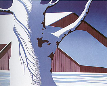 Red Barn and Tree Trunk by Eyvind Earle