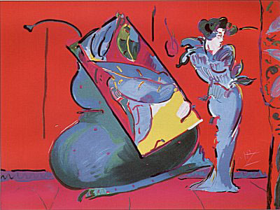 Lady on Red With Floating Vase by Peter Max